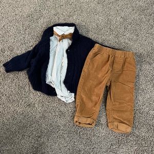 Corduroy pants and bow tie with royal blue sweater
Little Lad brand